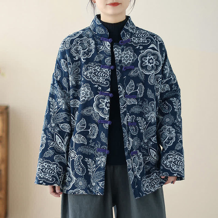 Buddha Stones Winter Vintage Tang Style Frog Button Peony Floral Women's Jacket With Pockets - image 13