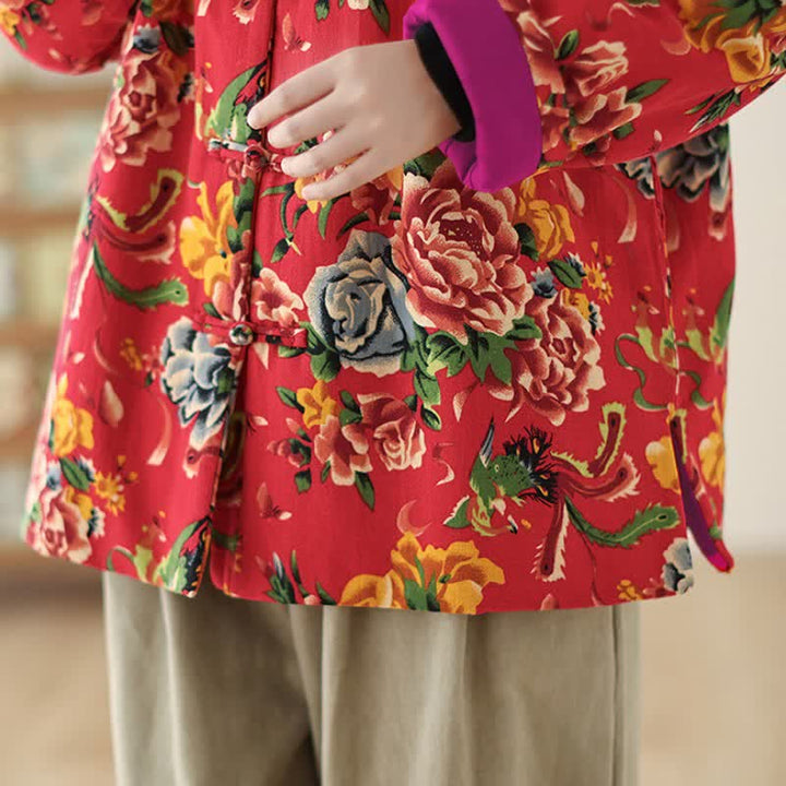 Buddha Stones Winter Vintage Tang Style Frog Button Peony Floral Women's Jacket With Pockets - image 10
