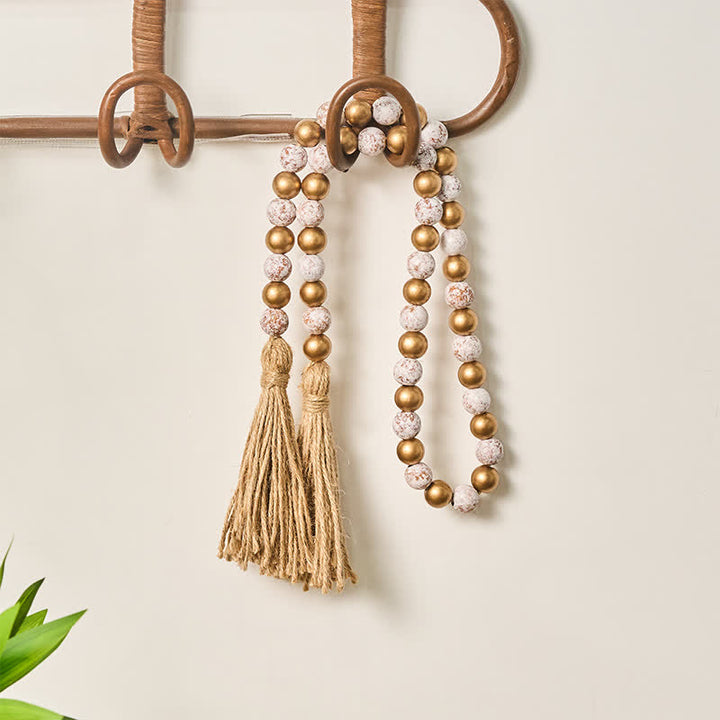 Buddha Stones Distressed White Gold Round Wood Bead Garland Mindful Living Decor - image 6