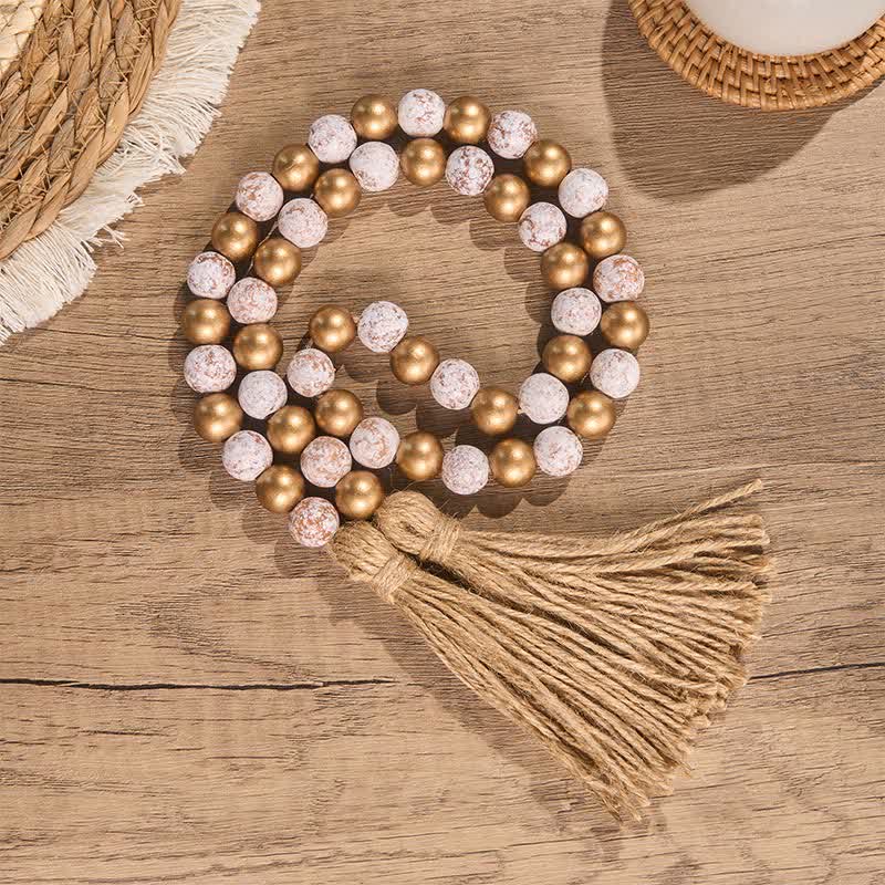 Buddha Stones Distressed White Gold Round Wood Bead Garland Mindful Living Decor - Wood - image 0