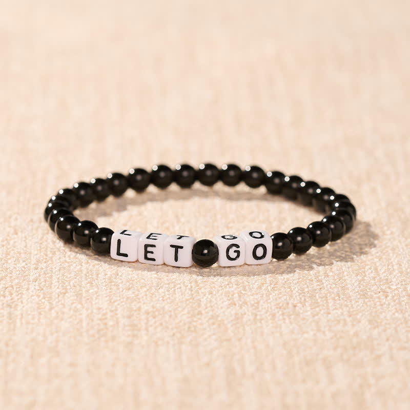 Buddha Stones Black Obsidian LET GO Letters Beads Strength Bracelet - image 1