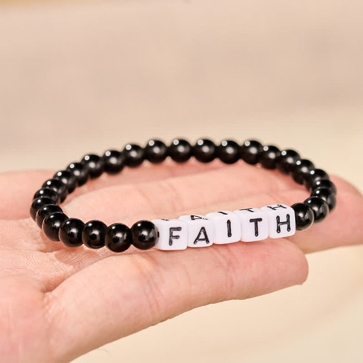 Buddha Stones Black Obsidian FAITH Letters Beads Purification Bracelet - image 2