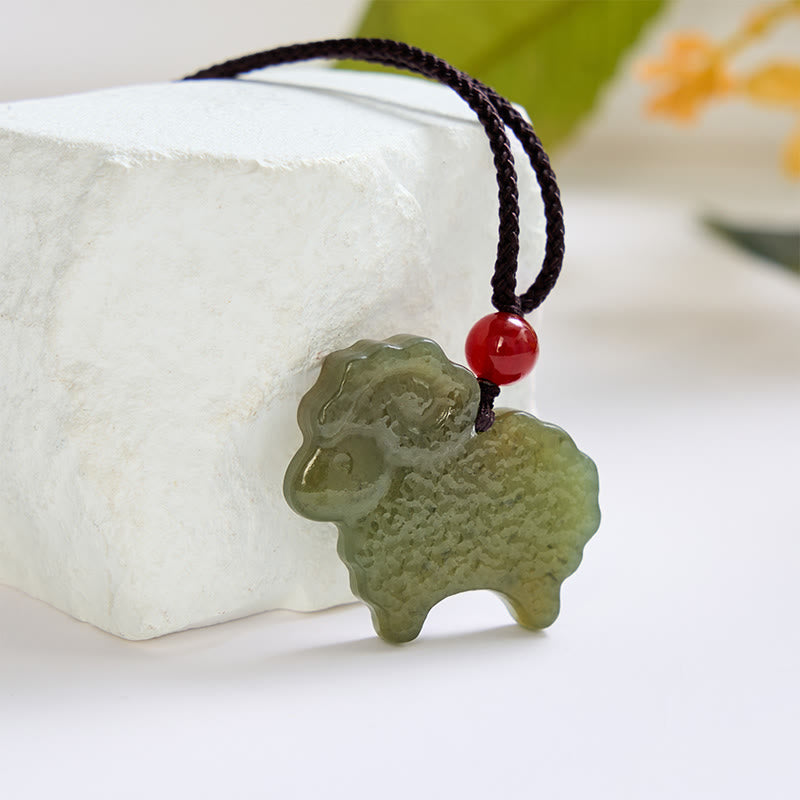 Buddha Stones Green Hetian Jade Chinese Zodiac Goat Pendant Necklace - Jade(Luck♥Protection) - image 0