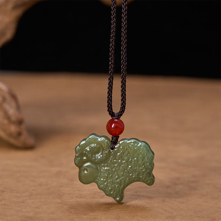 Buddha Stones Green Hetian Jade Chinese Zodiac Goat Pendant Necklace - image 4