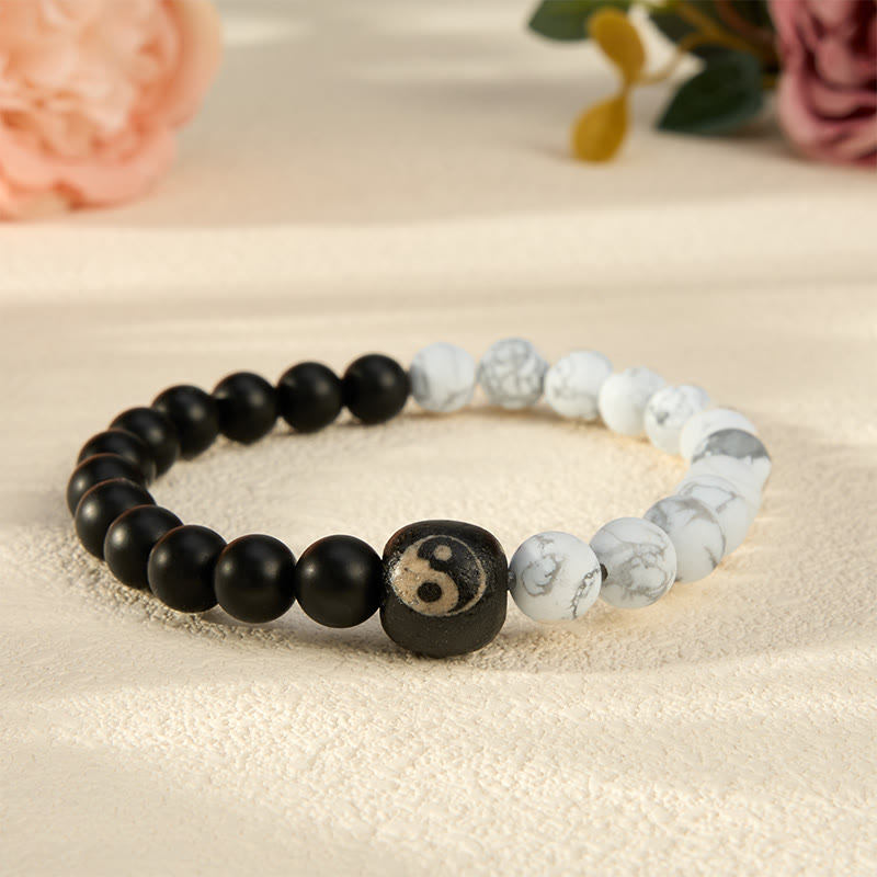 Buddha Stones Black Onyx White Turquoise Yin Yang Balance Round Bead Bracelet - Black Onyx And White Turquoise - 5.9–6.3 in (15–16 cm) - image 0