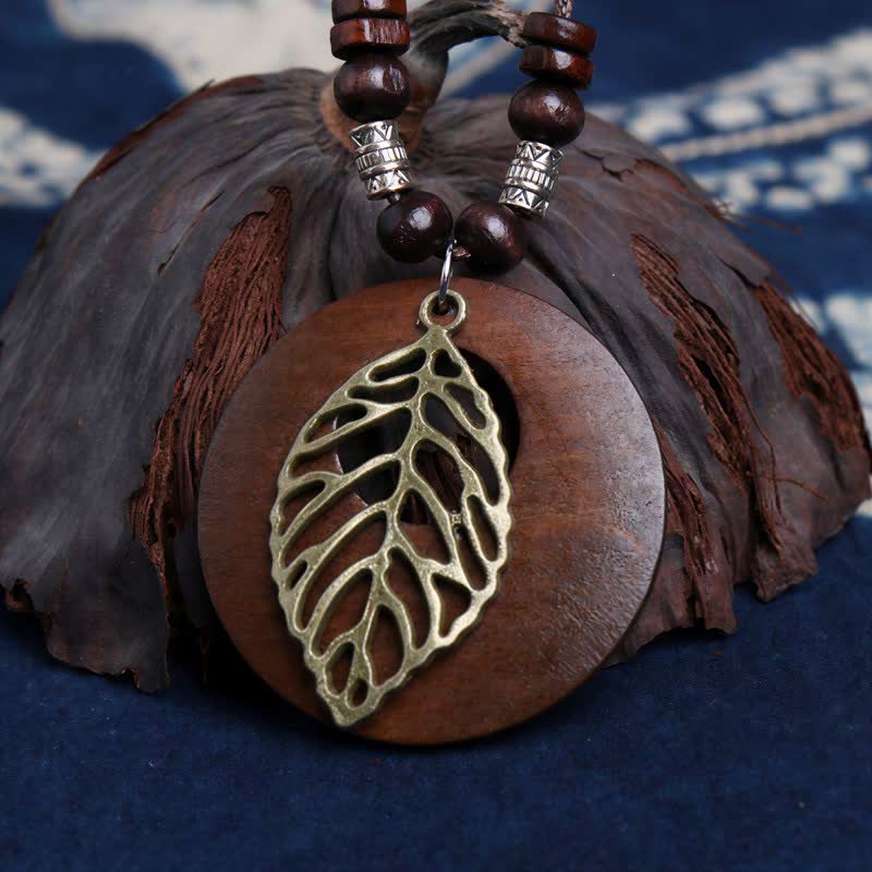 Buddha Stones Leather Wood Tree of Life Connection Pendant Necklace - image 1