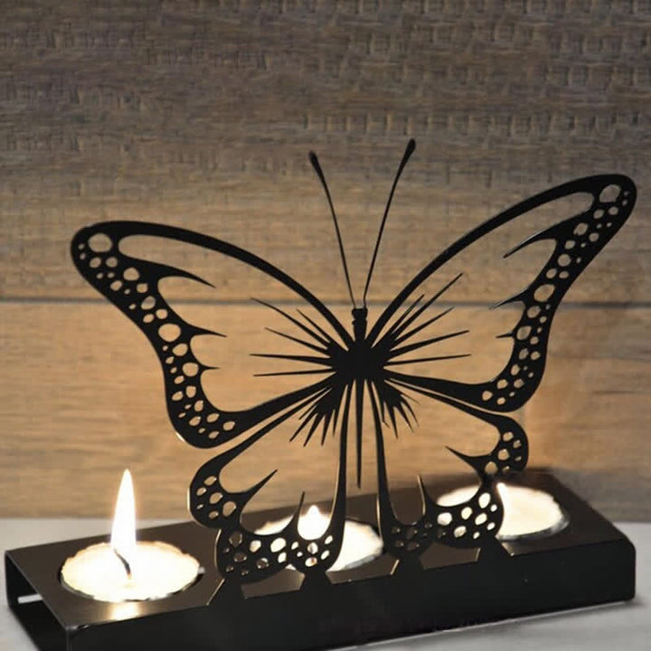 Buddha Stones Black Iron Butterfly Transformation Three Light Candle Holder - image 1
