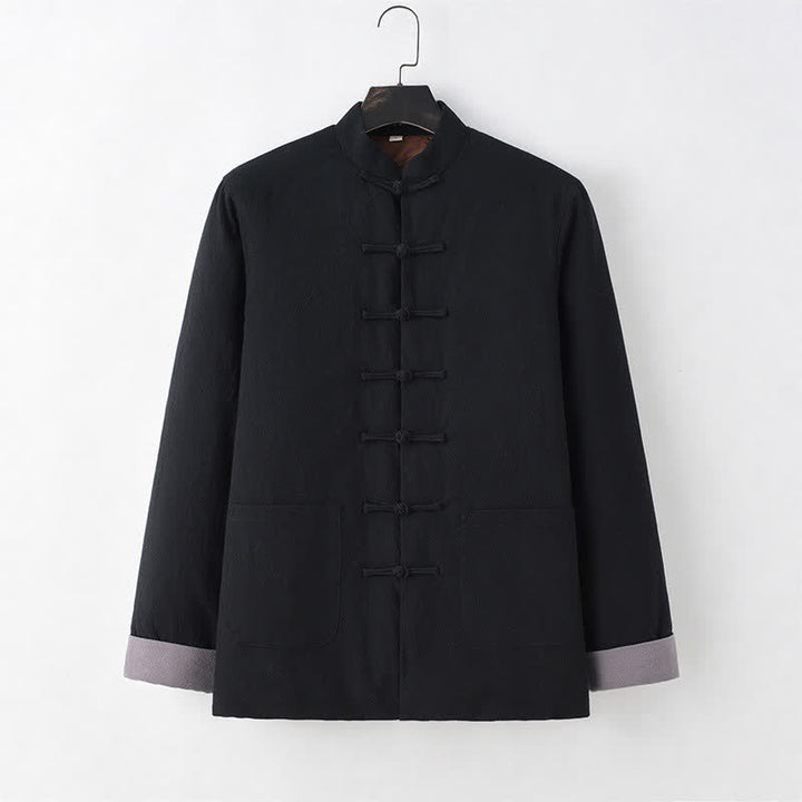 Buddha Stones Fall Winter Casual Tang Style Frog Button Solid Cotton Men's Jacket With Pockets - Black - US/UK/AU44，EU54 (4XL) - image 3