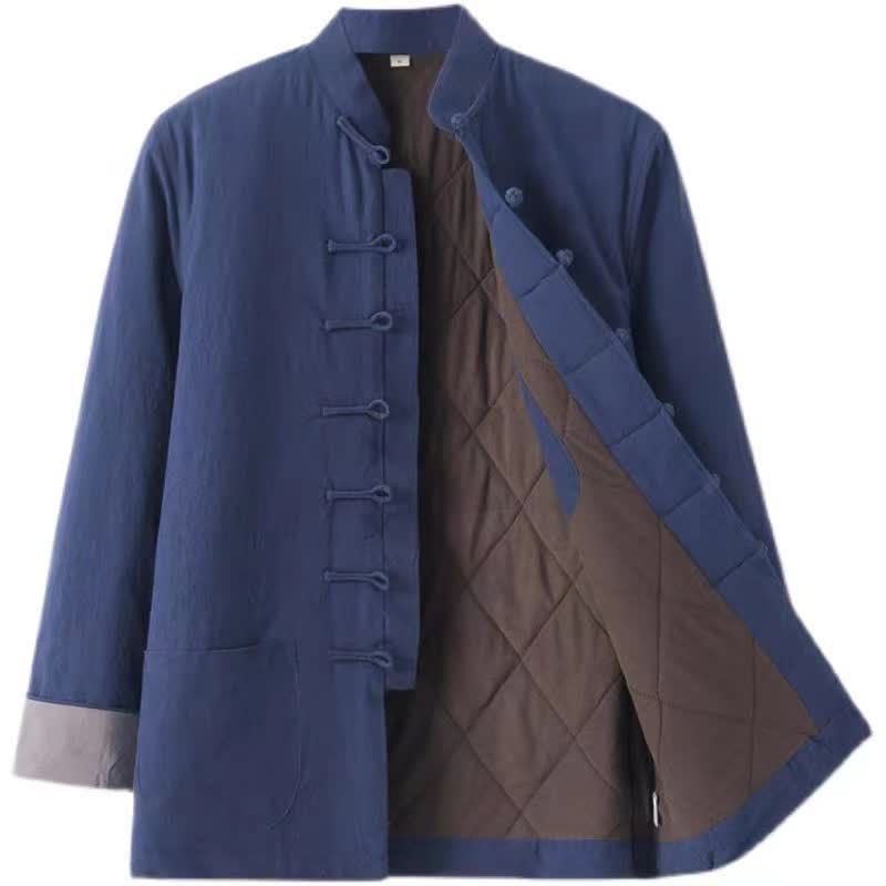 Buddha Stones Fall Winter Casual Tang Style Frog Button Solid Cotton Men's Jacket With Pockets - MidnightBlue - US/UK/AU44，EU54 (4XL) - image 0