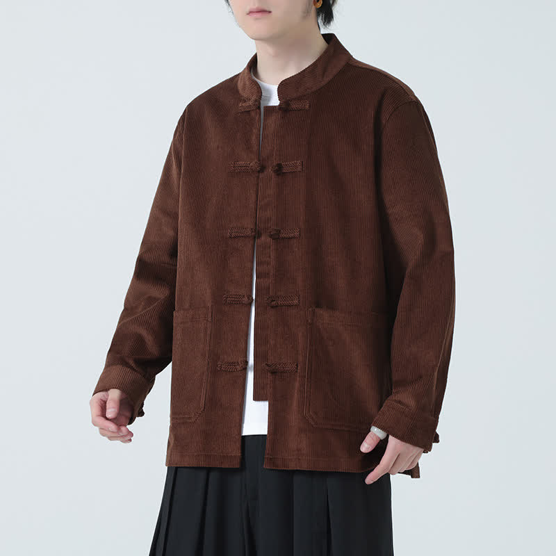 Buddha Stones Fall Winter Tang Style Vintage Frog Button Solid Corduroy Men's Jacket With Pockets - SaddleBrown - US/UK/AU46，EU56 (5XL) - image 0