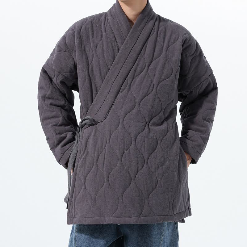 Buddha Stones Fall Winter Casual Tang Style Drawstring Quilted Solid Cotton Men's Kimono With Pockets - DarkSlateGray - US/UK/AU46，EU56 (5XL) - image 14