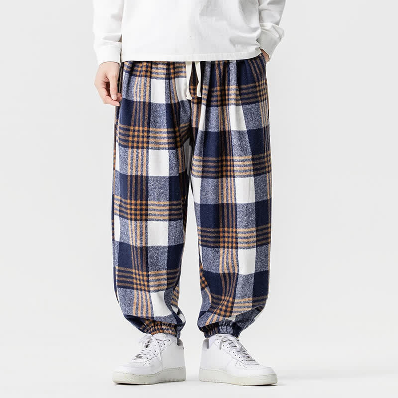 Buddha Stones Fall Winter Casual Drawstring Plaid Ankle Pants Men's Harem Pants With Pockets - image 1