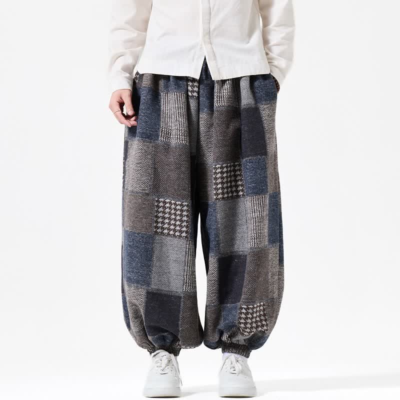 Buddha Stones Fall Winter Casual Vintage Drawstring Plaid Cotton Ankle Pants Men's Harem Pants With Pockets - image 1