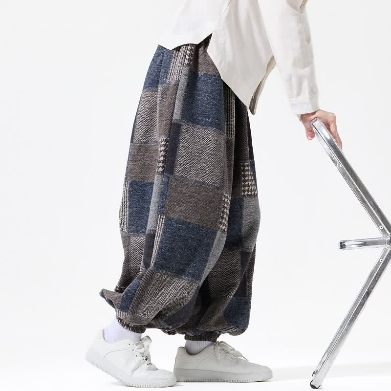 Buddha Stones Fall Winter Casual Vintage Drawstring Plaid Cotton Ankle Pants Men's Harem Pants With Pockets - image 8