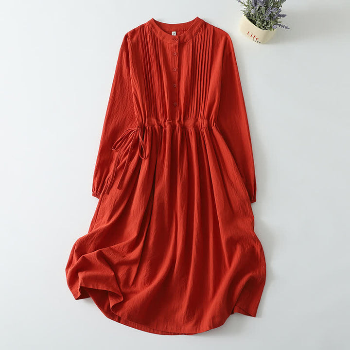 Buddha Stones Fall Winter Casual Vintage Button-Up Drawstring Solid Cotton Linen Women's Long Sleeve Dress With Pocket - OrangeRed - US8-10，UK/AU12-14，EU40-42 (2XL) - image 11