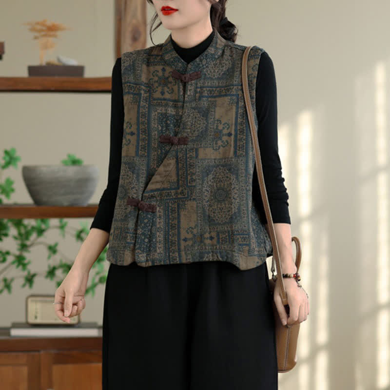 Buddha Stones Fall Winter Vintage Tang Style Mandarin Collar Frog Button Geometric Cotton Tank Top Women's Vest - image 1