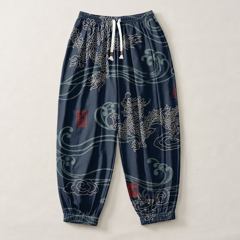 Buddha Stones Pure Cotton Ethnic Dragon Art Pattern Drawstring Men's Harem Pants With Pockets - image 1