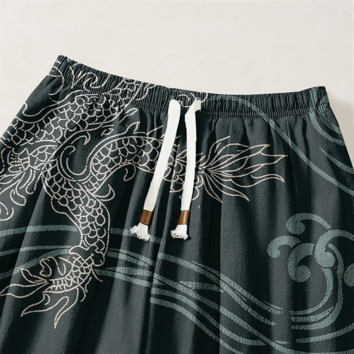 Buddha Stones Pure Cotton Ethnic Dragon Art Pattern Drawstring Men's Harem Pants With Pockets - image 15