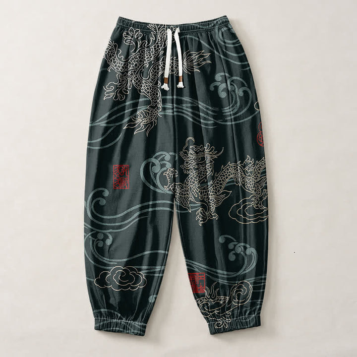 Buddha Stones Pure Cotton Ethnic Dragon Art Pattern Drawstring Men's Harem Pants With Pockets - image 13