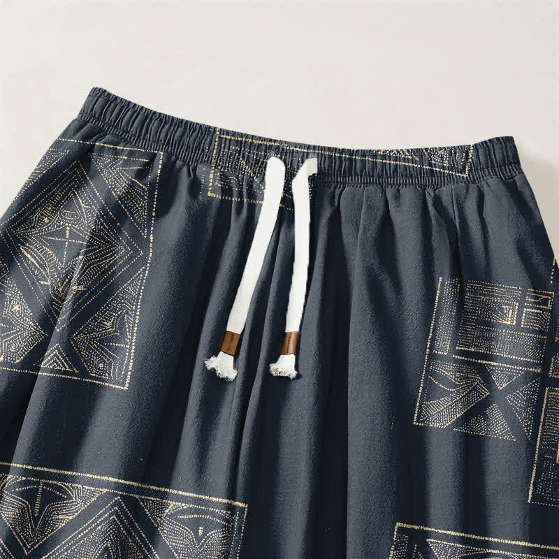 Buddha Stones Pure Cotton Ethnic Lattice Pattern Drawstring Men's Harem Pants With Pockets - image 3
