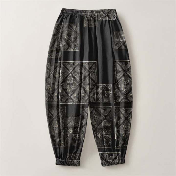 Buddha Stones Pure Cotton Ethnic Lattice Pattern Drawstring Men's Harem Pants With Pockets - image 14