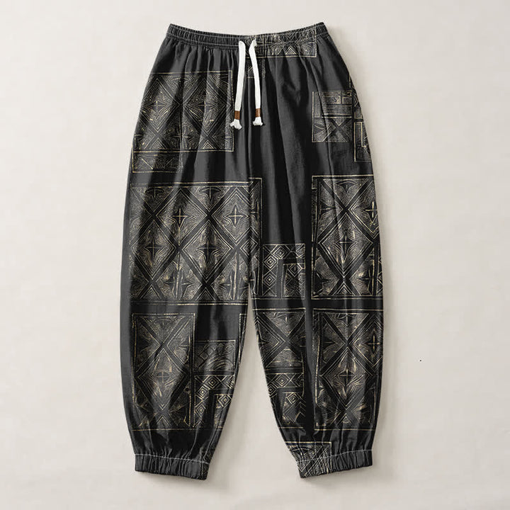 Buddha Stones Pure Cotton Ethnic Lattice Pattern Drawstring Men's Harem Pants With Pockets - image 13
