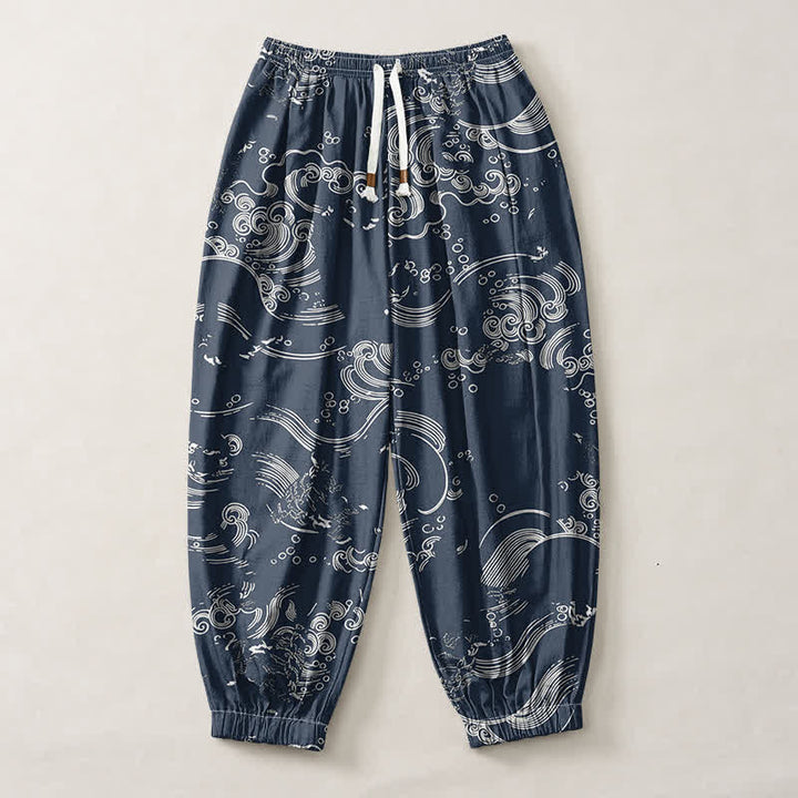 Buddha Stones Pure Cotton Cloud Wave Pattern Drawstring Men's Harem Pants With Pockets - image 7
