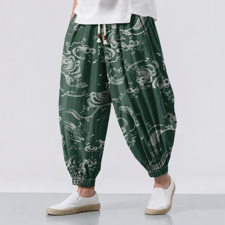 Buddha Stones Pure Cotton Cloud Wave Pattern Drawstring Men's Harem Pants With Pockets - DarkGreen - US/UK/AU50，EU60 (5XL) - image 12