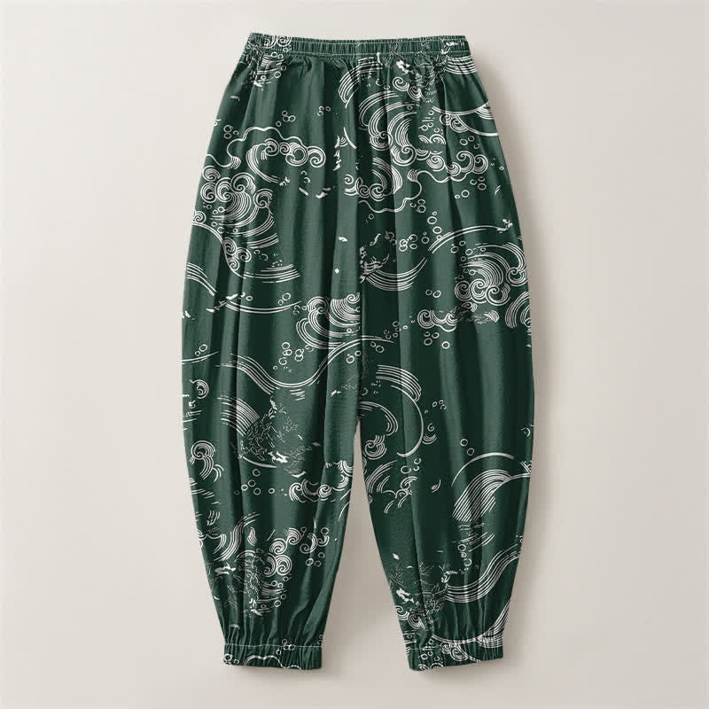 Buddha Stones Pure Cotton Cloud Wave Pattern Drawstring Men's Harem Pants With Pockets - image 14