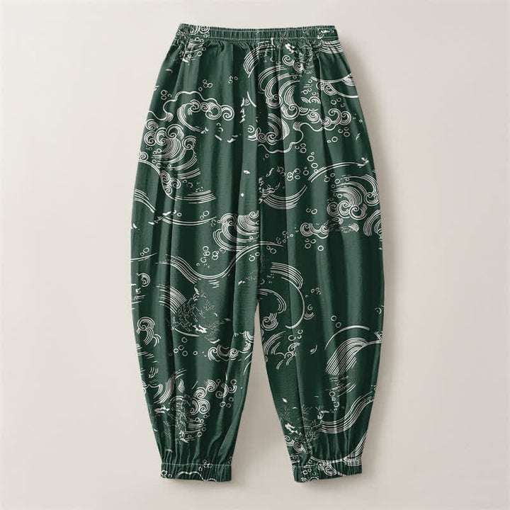 Buddha Stones Pure Cotton Cloud Wave Pattern Drawstring Men's Harem Pants With Pockets - image 14