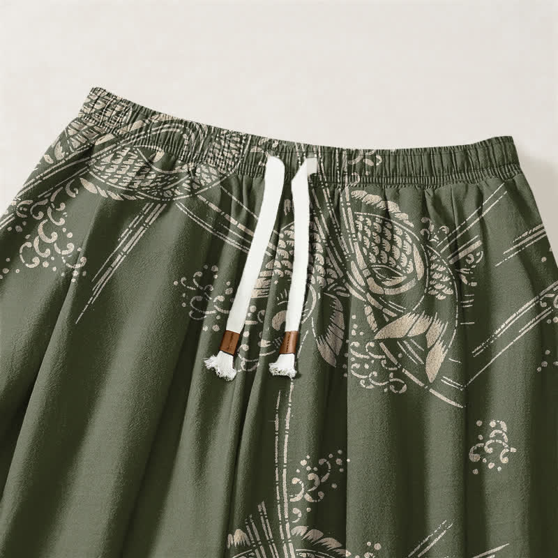 Buddha Stones Pure Cotton Koi Fish Pattern Drawstring Men's Harem Pants With Pockets - image 15