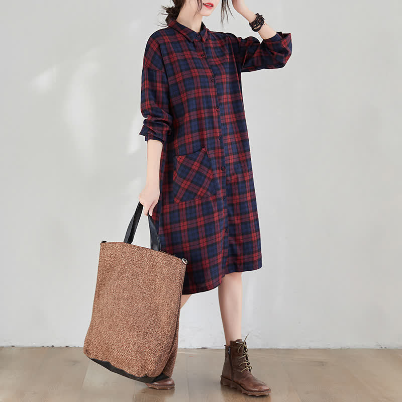 Buddha Stones Fall Casual Vintage Button-Up Plaid Women's Long Sleeve Dresses With Pocket - Red - US12, UK/AU16, EU44 (2XL) - image 0