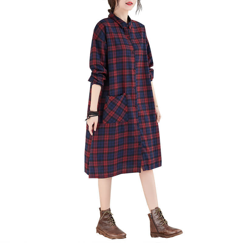 Buddha Stones Fall Casual Vintage Button-Up Plaid Women's Long Sleeve Dresses With Pocket - image 10