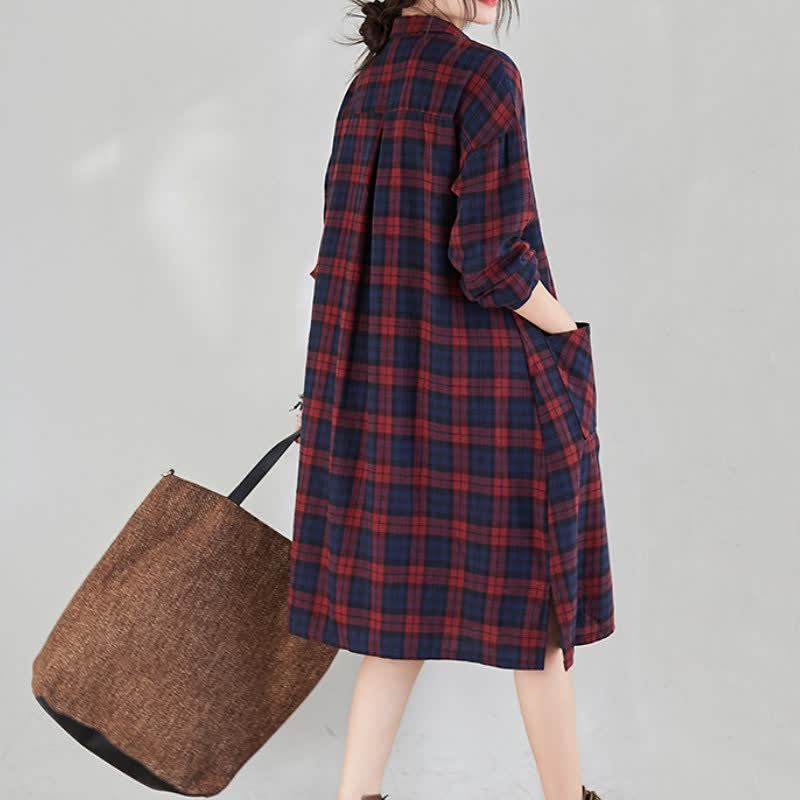 Buddha Stones Fall Casual Vintage Button-Up Plaid Women's Long Sleeve Dresses With Pocket - image 3