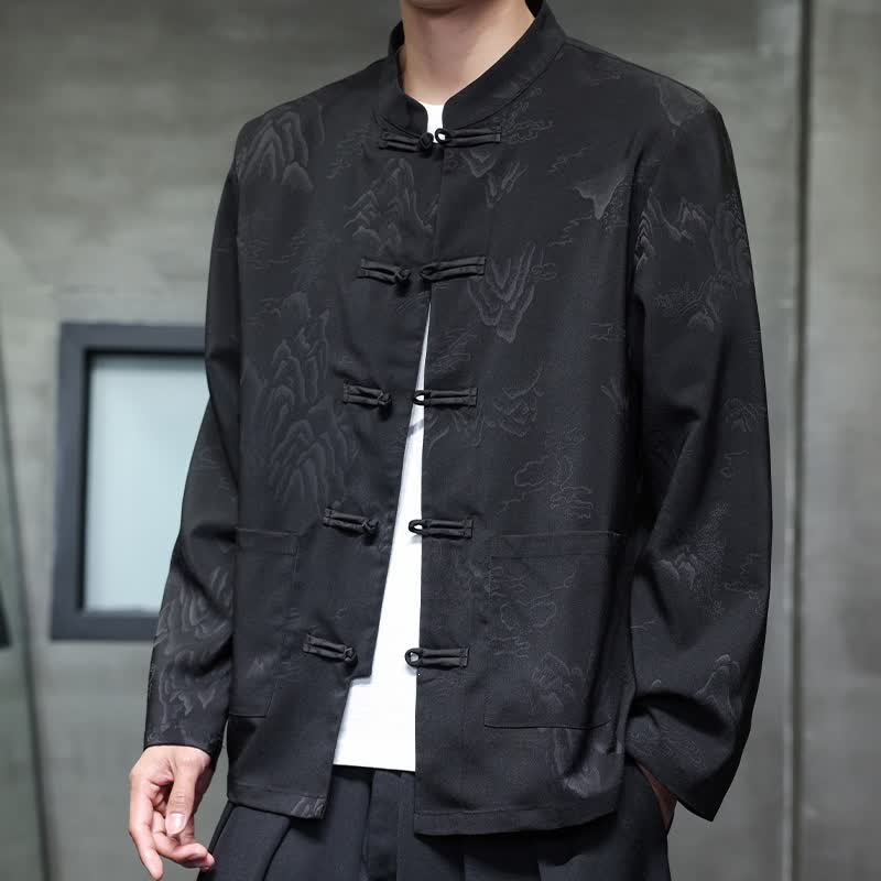 Buddha Stones Fall Tang Style Vintage Frog Button Mountains Solid Men's Long Sleeve Shirts With Pockets - Black - US/UK/AU46, EU56 (5XL) - image 0