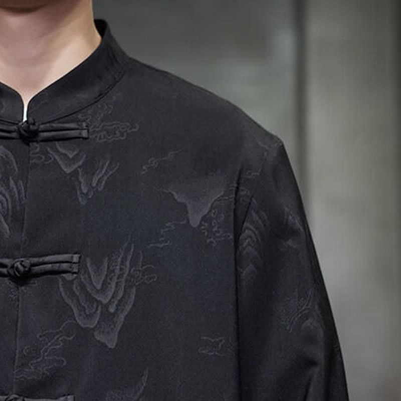 Buddha Stones Fall Tang Style Vintage Frog Button Mountains Solid Men's Long Sleeve Shirts With Pockets - image 8