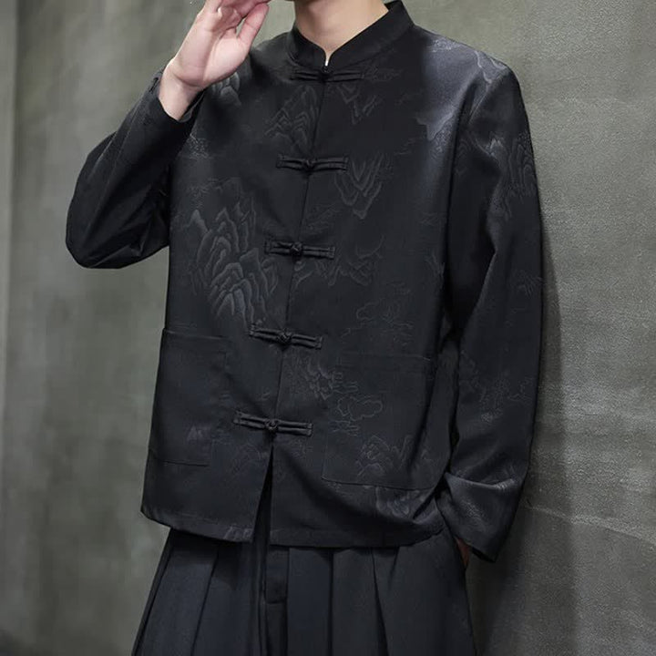 Buddha Stones Fall Tang Style Vintage Frog Button Mountains Solid Men's Long Sleeve Shirts With Pockets - image 1