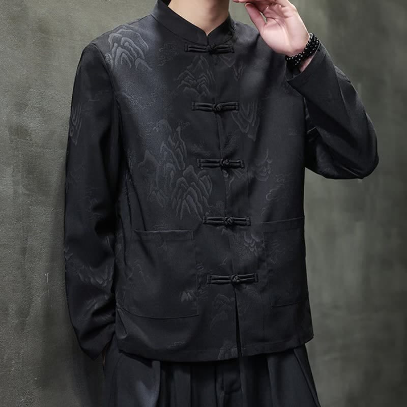 Buddha Stones Fall Tang Style Vintage Frog Button Mountains Solid Men's Long Sleeve Shirts With Pockets - image 3