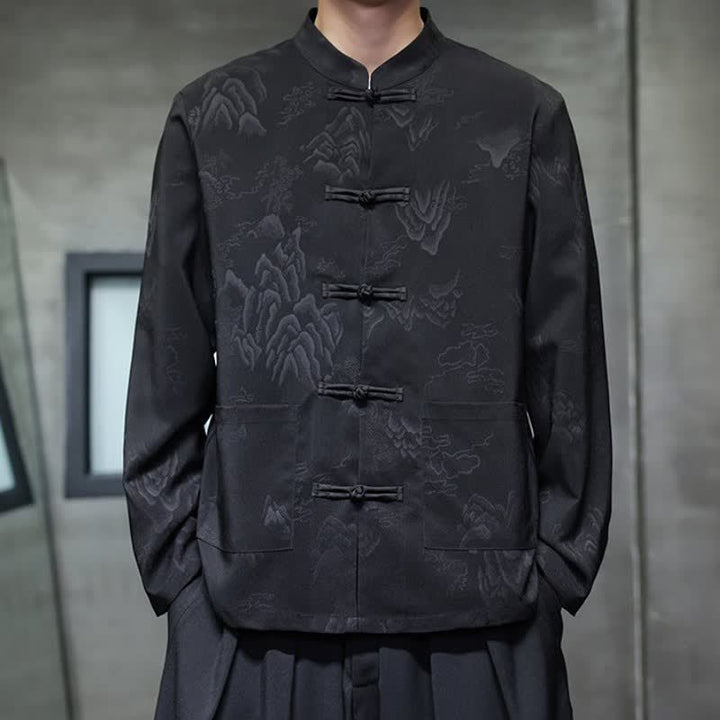 Buddha Stones Fall Tang Style Vintage Frog Button Mountains Solid Men's Long Sleeve Shirts With Pockets - image 2