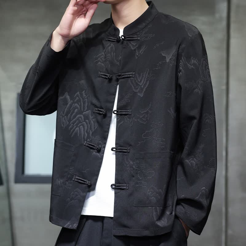 Buddha Stones Fall Tang Style Vintage Frog Button Mountains Solid Men's Long Sleeve Shirts With Pockets - image 6