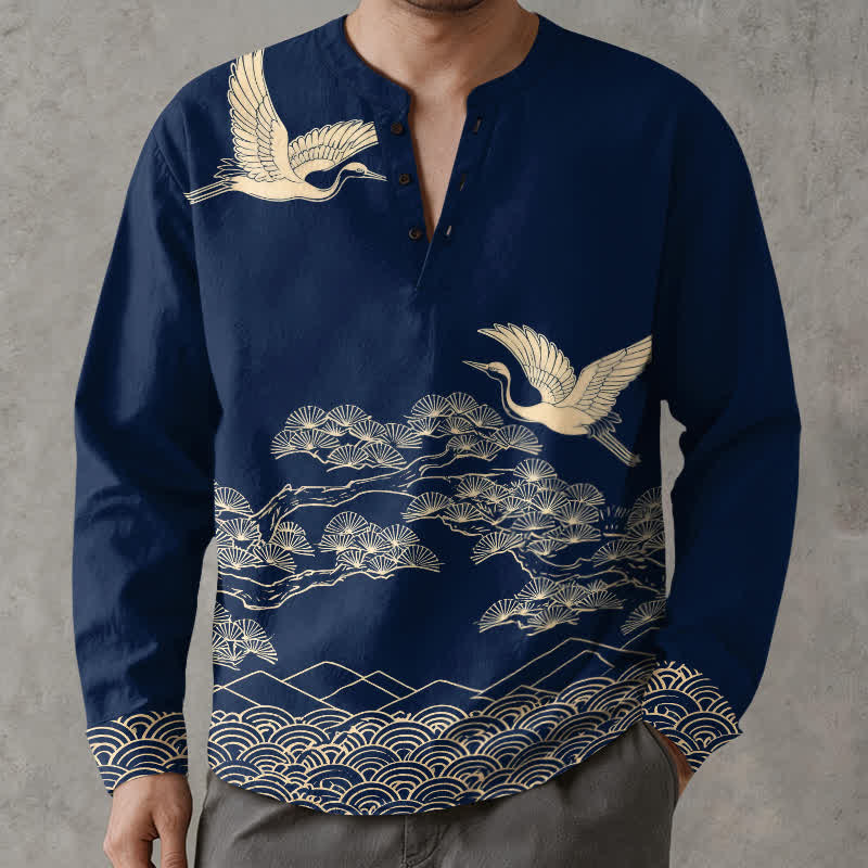 Buddha Stones Cotton Flying Crane Cloud Pattern V-Neck Buttons Men's Long Sleeve Shirts - Navy - US/UK/AU48，EU58 (4XL) - image 0