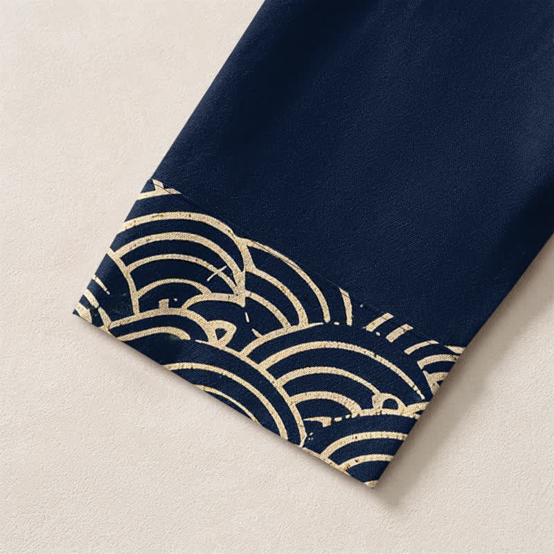 Buddha Stones Cotton Flying Crane Cloud Pattern V-Neck Buttons Men's Long Sleeve Shirts - image 5