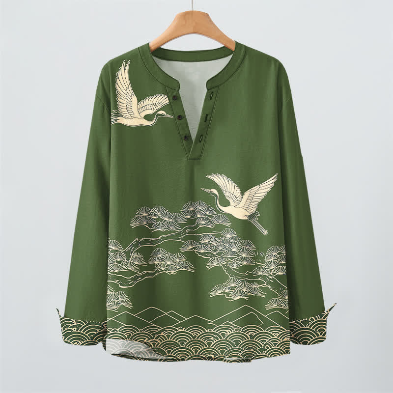Buddha Stones Cotton Flying Crane Cloud Pattern V-Neck Buttons Men's Long Sleeve Shirts - image 9