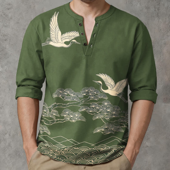 Buddha Stones Cotton Flying Crane Cloud Pattern V-Neck Buttons Men's Long Sleeve Shirts - image 8