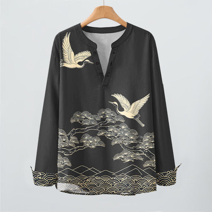 Buddha Stones Cotton Flying Crane Cloud Pattern V-Neck Buttons Men's Long Sleeve Shirts - image 16