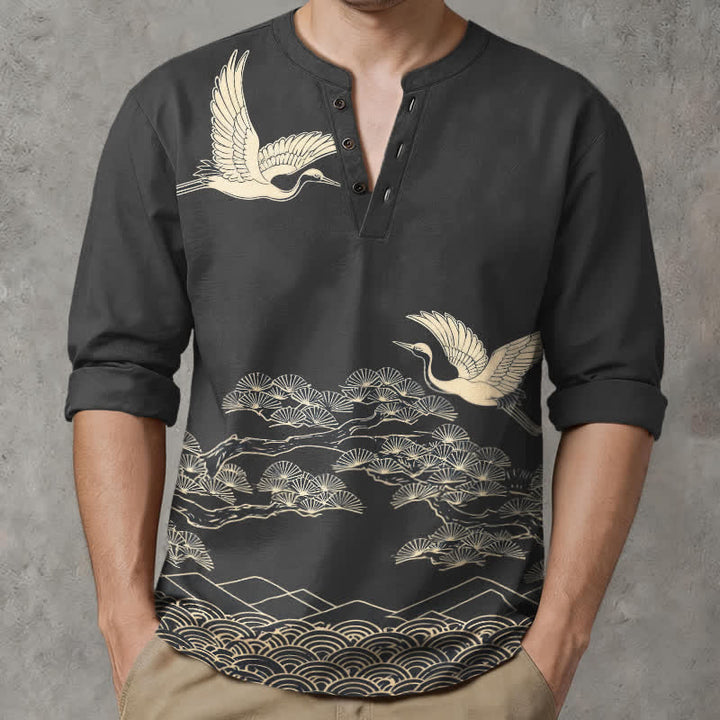 Buddha Stones Cotton Flying Crane Cloud Pattern V-Neck Buttons Men's Long Sleeve Shirts - image 15