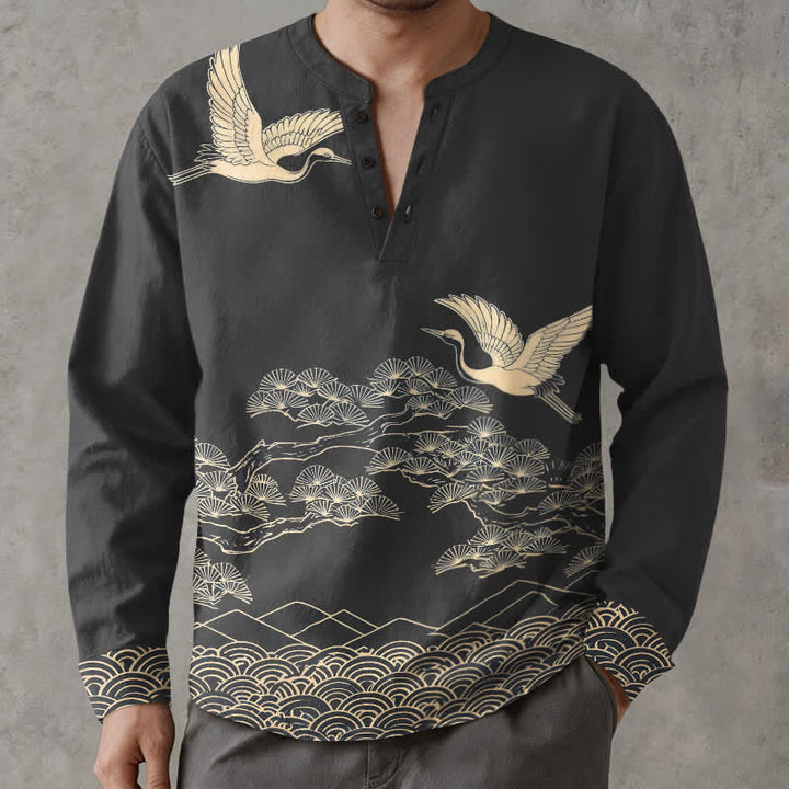 Buddha Stones Cotton Flying Crane Cloud Pattern V-Neck Buttons Men's Long Sleeve Shirts - Black - US/UK/AU48，EU58 (4XL) - image 14