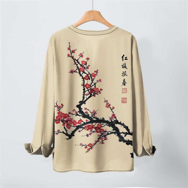Buddha Stones Cotton Eastern Seal Plum Pattern V-Neck Buttons Men's Long Sleeve Shirts - image 10