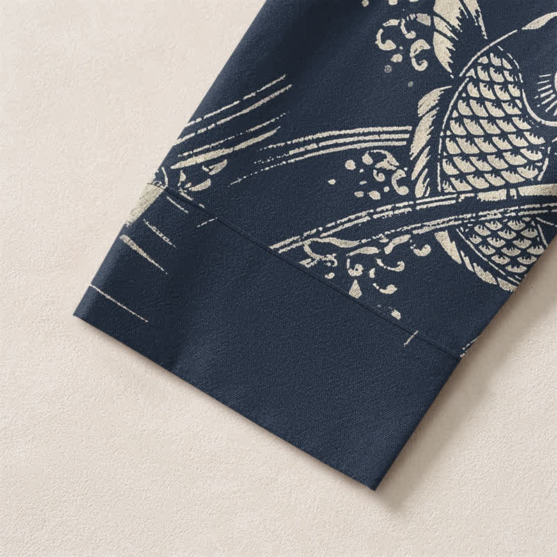 Buddha Stones Cotton Ethnic Fish Motif Pattern V-Neck Buttons Men's Long Sleeve Shirts - image 5