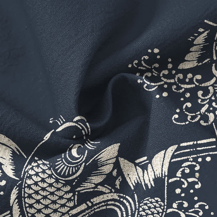 Buddha Stones Cotton Ethnic Fish Motif Pattern V-Neck Buttons Men's Long Sleeve Shirts - image 6